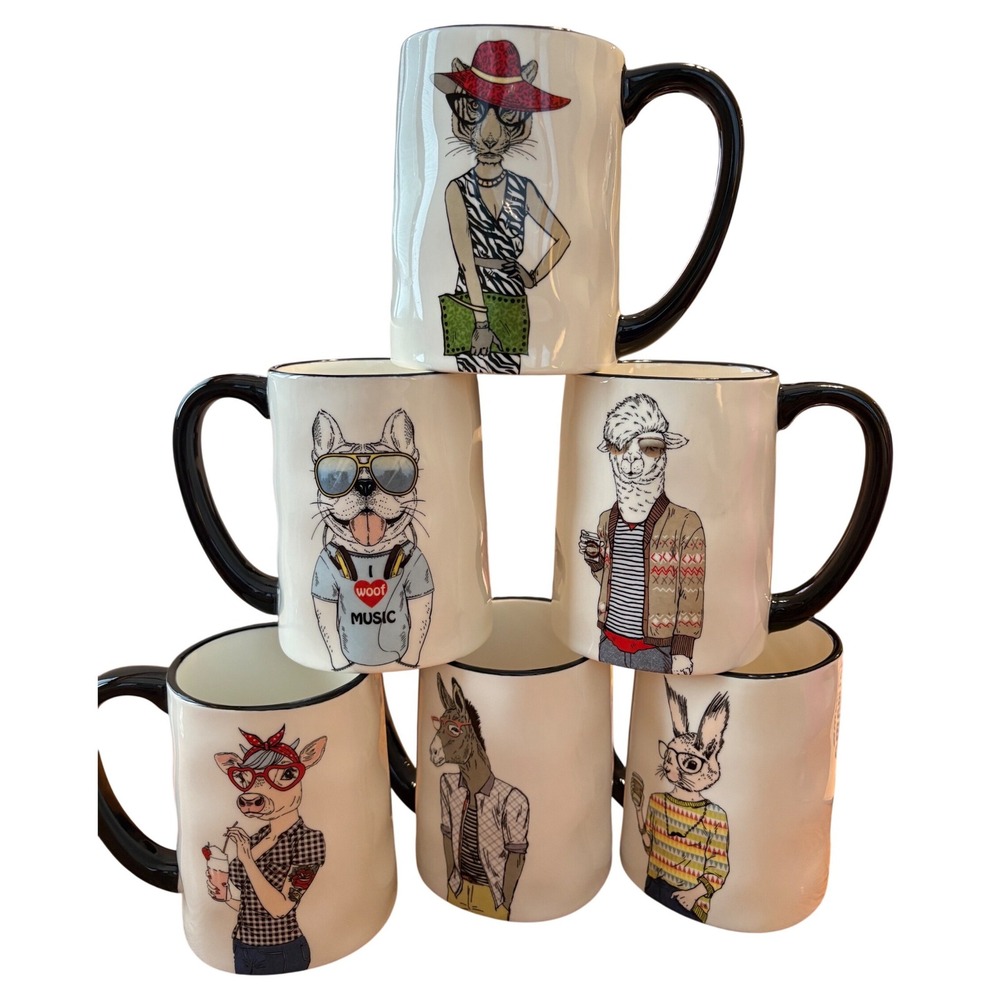 Signature Housewares Hipster Animal Stoneware Mugs Set of 6 Cream Black Tall
